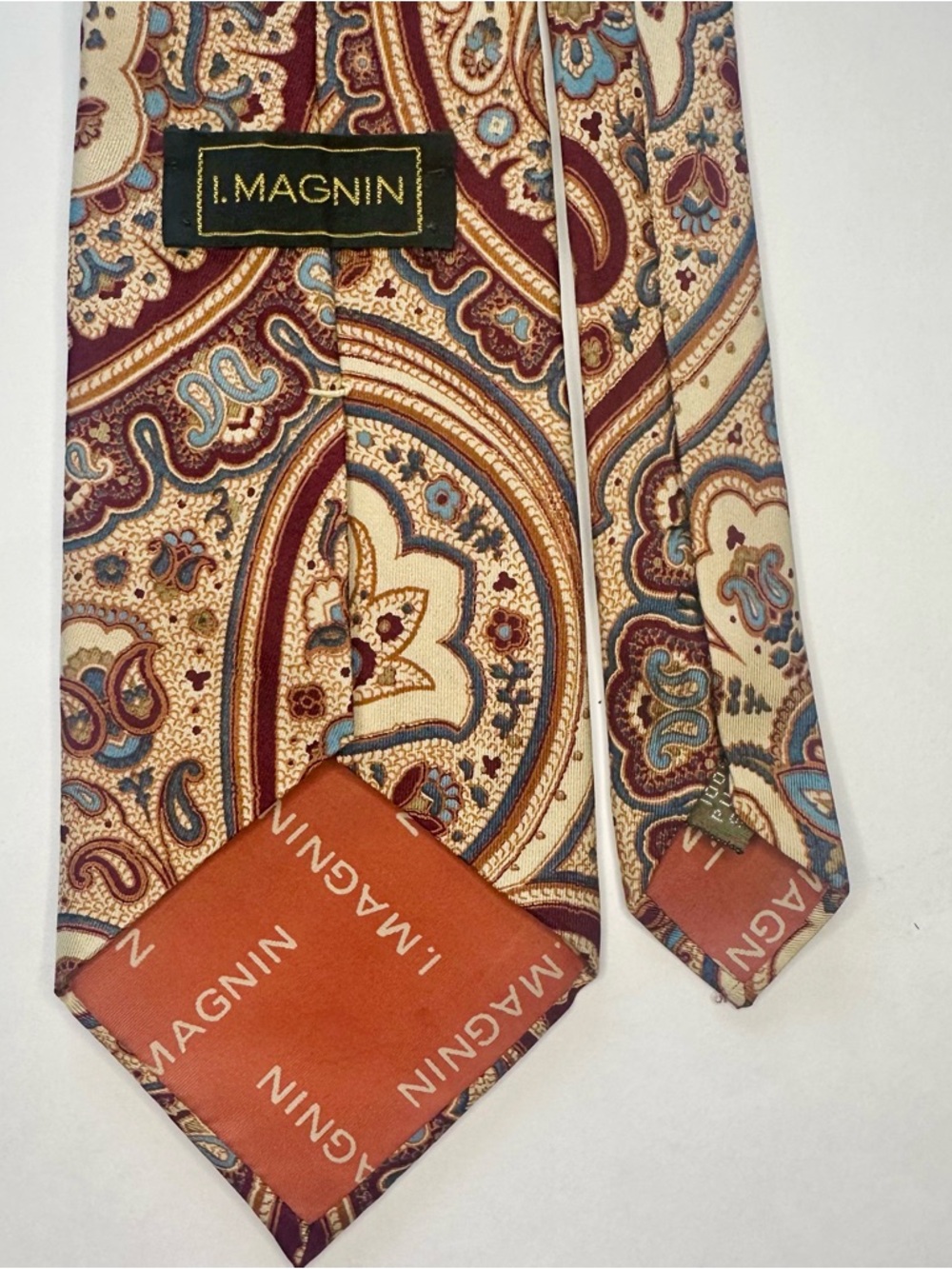 Vintage I. MAGNIN Paisley Classic Luxury Silk Tie in Cream, Blue & Brown, 3.75” - Picture 3 of 6